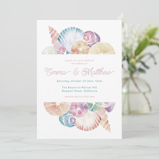 Wasserfarbe Seashell Hochzeitsdetails Zurück, Qr & Einladung (Stehend Vorderseite)