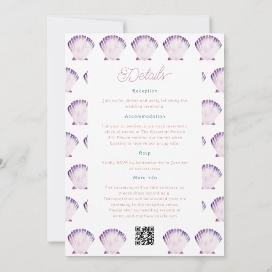 Wasserfarbe Seashell Hochzeitsdetails Zurück, Qr & Einladung (Rückseite)