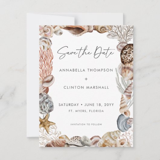 Wasserfarbe Seashell Neutral Beach Hochzeit Save The Date (Vorderseite)