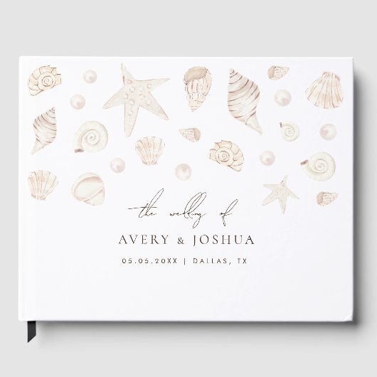 Wasserfarbe Seashells Pearls Coastal Boho Hochzeit Gästebuch (Vorderseite)