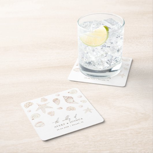 Wasserfarbe Seashells Pearls Nautical Beach Hochze Rechteckiger Pappuntersetzer (Vor Ort)