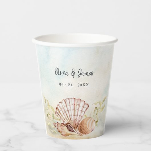 Wasserfarbe Seashells Tropical Beach Hochzeit Pappbecher (Vorderseite)