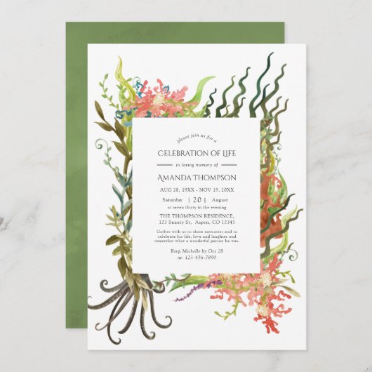 Wasserfarbe Seealgen Feier des Lebens Einladung (Vorne/Hinten)