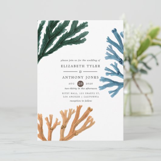 Wasserfarbe Seealgen Strand Hochzeit Einladung (Stehend Vorderseite)