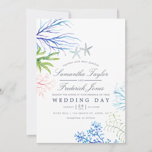 Wasserfarbe Seealgen Strand Hochzeit Einladung (Vorderseite)