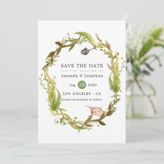 Wasserfarbe Seealgen Strand Hochzeit Save The Date (Stehend Vorderseite)