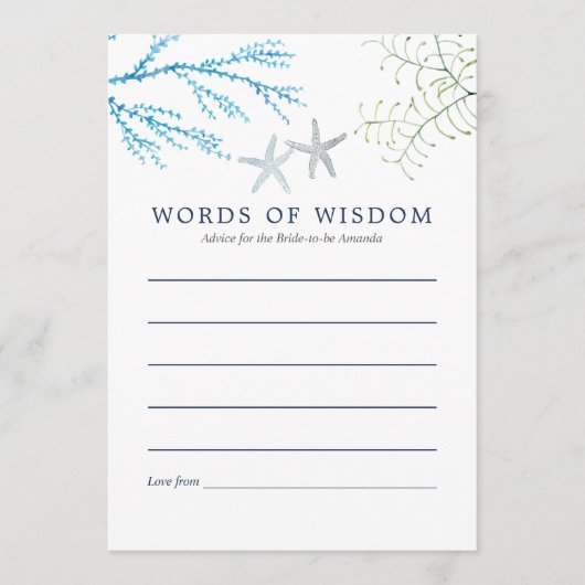 Wasserfarbe Seealgen Strand Themed Bridal Beratung Hinweiskarte (Vorderseite)
