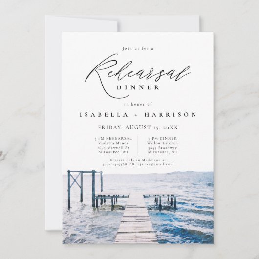 Wasserfarbe Seepromenade Hochzeitsessen Probe Aben Einladung (Vorderseite)