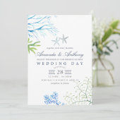 Wasserfarbe Seetang Strand Hochzeitsempfang Einladung (Stehend Vorderseite)