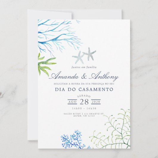 Wasserfarbe Seetang Strand Hochzeitsempfang Einladung (Vorderseite)