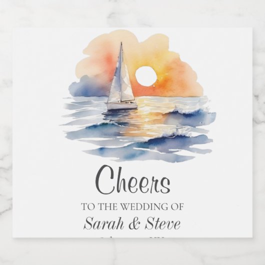 Wasserfarbe Segelboot Sonnenuntergang Seascape Hoc Bierflaschenetikett (Einzelnes Label)