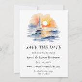 Wasserfarbe Segelboot Sonnenuntergang Seascape Hoc Save The Date (Vorderseite)