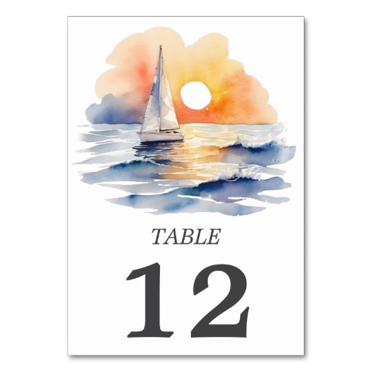 Wasserfarbe Segelboot Sonnenuntergang Seascape Hoc Tischnummer (Vorderseite)