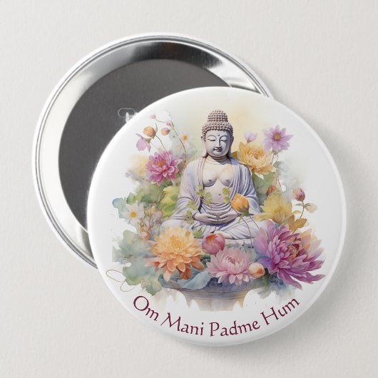 Wasserfarbe Serene Buddha Rosa Gelbe Blumen Kunst, Button (Vorne & Hinten)