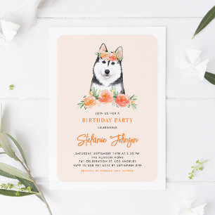 Wasserfarbe Siberischer Husky Peach Floral Geburts Einladung