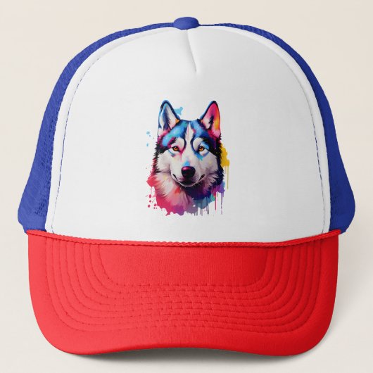 Wasserfarbe Sibirische Husky Farben Kunst Truckerkappe (Vorderseite)