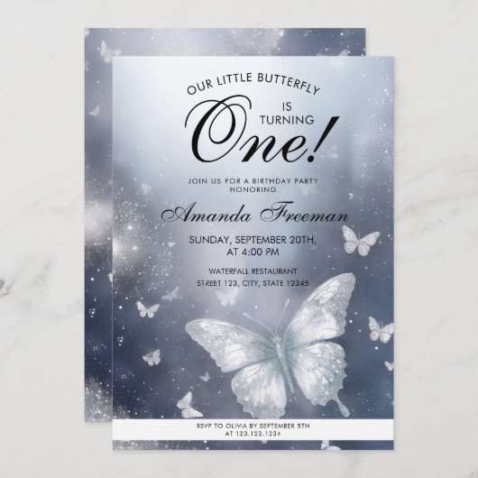 Wasserfarbe Silber Glitzer Schmetterling 1. Geburt Einladung (Vorne/Hinten)