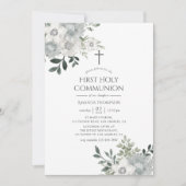 Wasserfarbe Silber Sage Floral Erste heilige Kommu Einladung (Vorderseite)