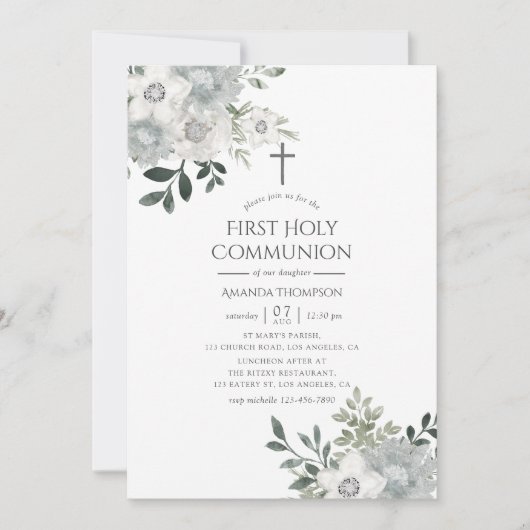 Wasserfarbe Silber Sage Floral Erste heilige Kommu Einladung (Vorderseite)