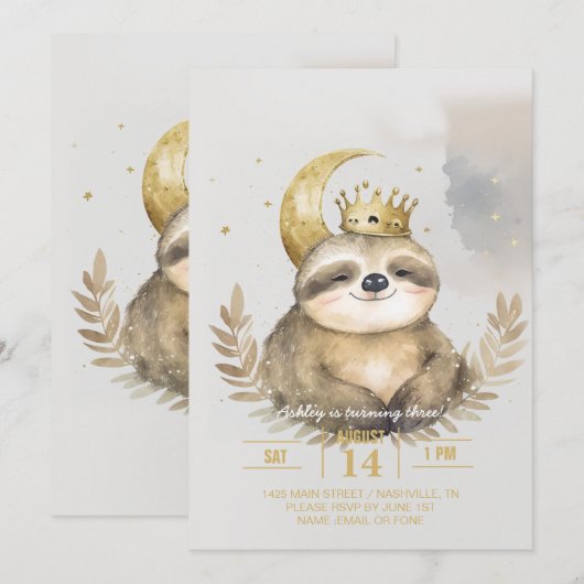 Wasserfarbe Sloth Moon Crown Einladung (Vorne/Hinten)