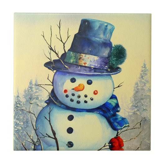 Wasserfarbe Snowman Keramik Tile Fliese (Vorderseite)