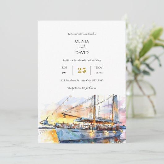 Wasserfarbe Soft Sunset Sky Sailboat Beach Hochzei Einladung (Stehend Vorderseite)