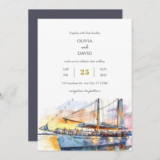 Wasserfarbe Soft Sunset Sky Sailboat Beach Hochzei Einladung (Vorne/Hinten)