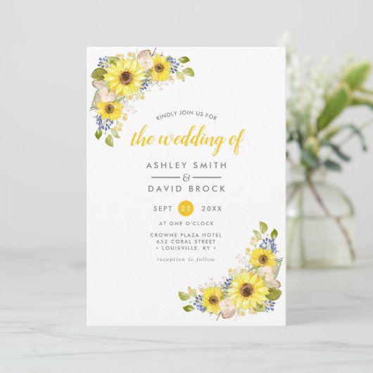 Wasserfarbe Sonnenblume Rustikale Hochzeit Einladu Einladung (Stehend Vorderseite)