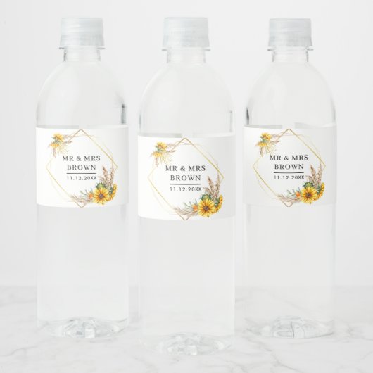 Wasserfarbe Sonnenblume Rustikale Hochzeit Wasserflaschenetikett (Flaschen)