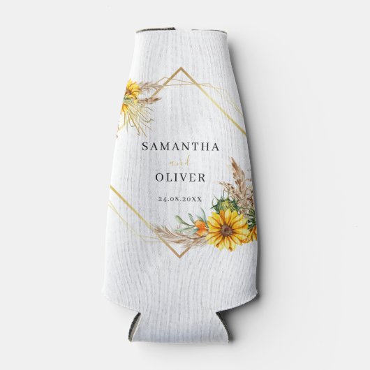 Wasserfarbe Sonnenblume Rustikale Hochzeitsflasche Flaschenkühler (Vorderseite)