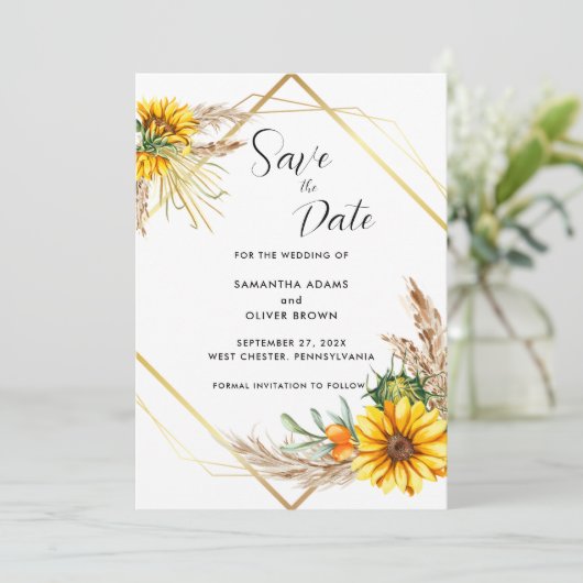 Wasserfarbe Sonnenblume Rustikales Skript Save the Save The Date (Stehend Vorderseite)