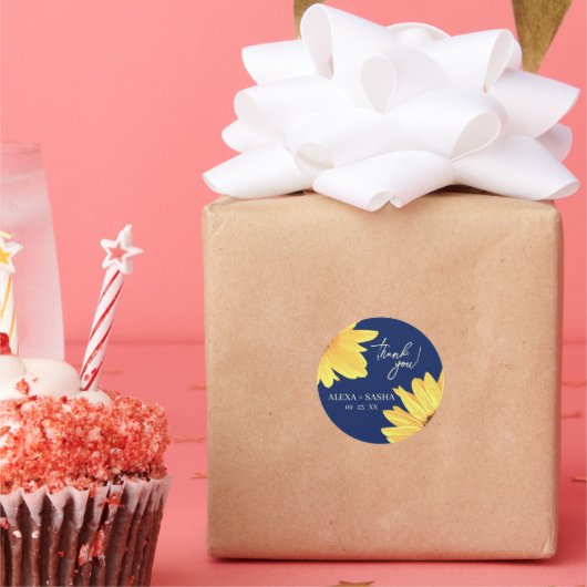 Wasserfarbe Sonnenblumen dunkelblau Minimalistisch Runder Aufkleber (Party)