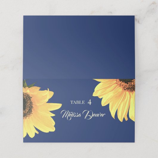 Wasserfarbe Sonnenblumen dunkelblaue Hochzeit Platzkarte (Außenseite Aufgefaltet)