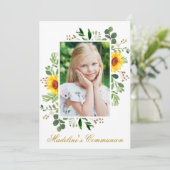 Wasserfarbe Sonnenblumen Grünes Foto Kommunion Einladung (Stehend Vorderseite)
