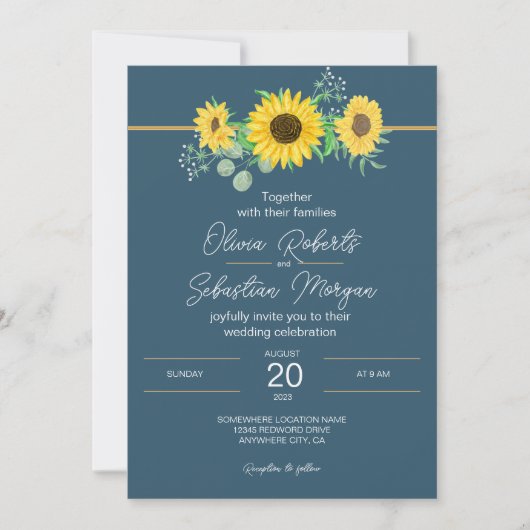 Wasserfarbe Sonnenblumen Hochzeit von Navy Blue Einladung (Vorderseite)