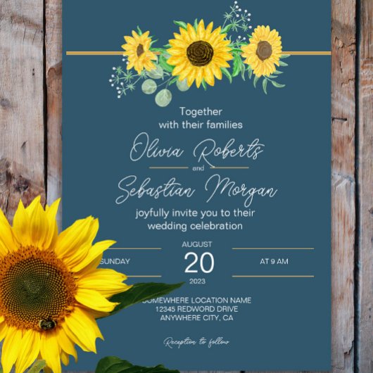 Wasserfarbe Sonnenblumen Hochzeit von Navy Blue Einladung