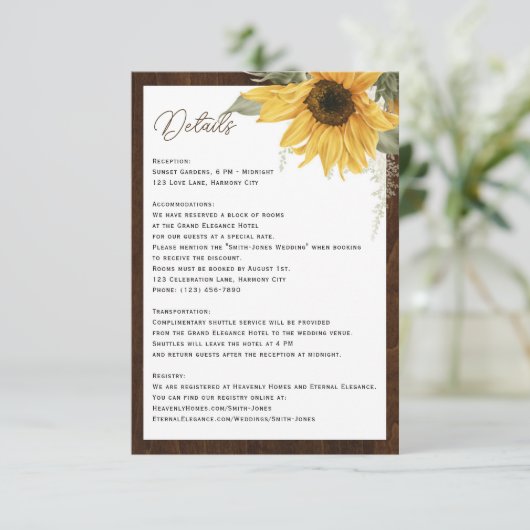 Wasserfarbe Sonnenblumen rustikales Holz Hochzeits Begleitkarte (Stehend Vorderseite)