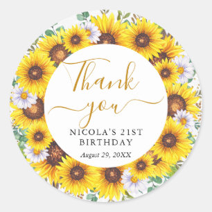 Wasserfarbe Sonnenblumen Wreath Geburtstag Runder Aufkleber