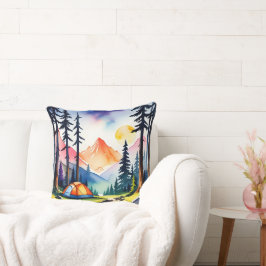 Wasserfarbe Sonnenuntergang Camping im Gebirge Kissen