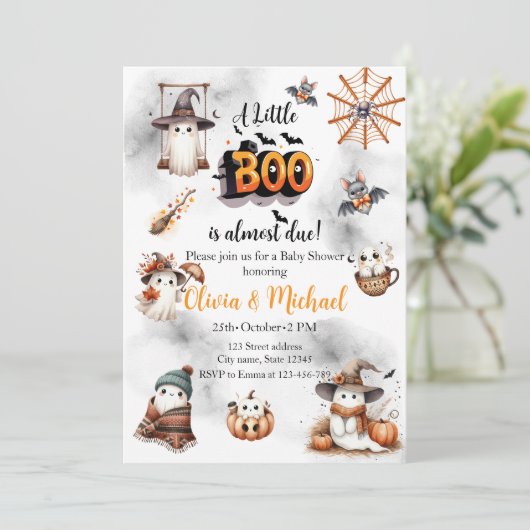 Wasserfarbe Spooky Kleiner Boo fast fällig Baby Einladung (Stehend Vorderseite)