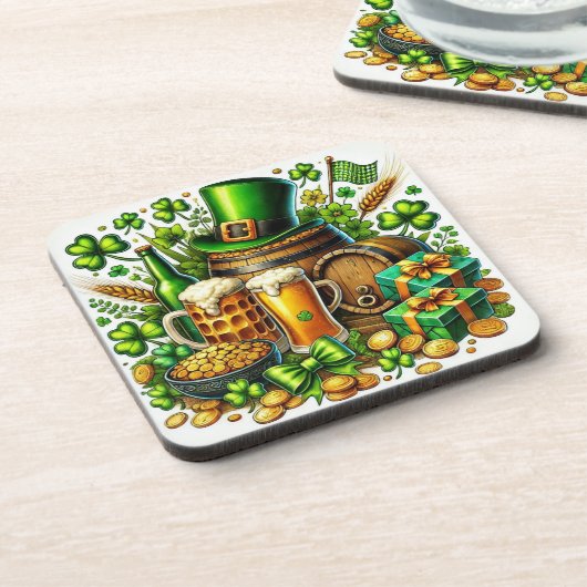 Wasserfarbe St Patrick's Day Beer, Coins & Kleebla Getränkeuntersetzer (Linke Seite)