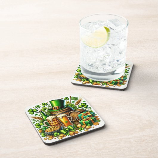 Wasserfarbe St Patrick's Day Beer, Coins & Kleebla Getränkeuntersetzer (Rechte Seite)