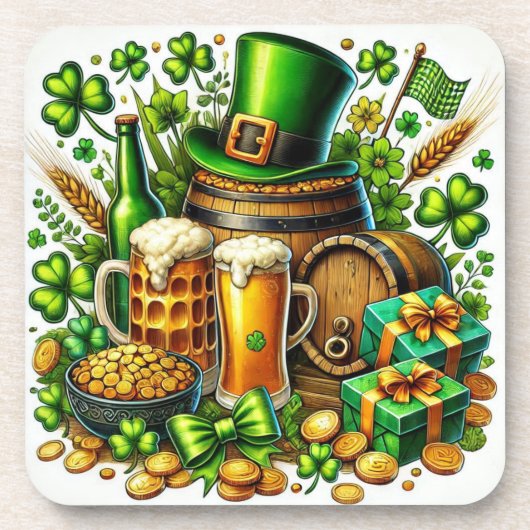 Wasserfarbe St Patrick's Day Beer, Coins & Kleebla Getränkeuntersetzer (Vorderseite)