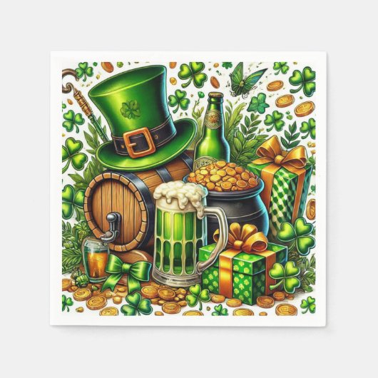 Wasserfarbe St Patrick's Day Beer, Coins & Kleebla Serviette (Vorderseite)