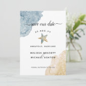 Wasserfarbe Starfish Beach Dusty Blue Wedding Save The Date (Stehend Vorderseite)