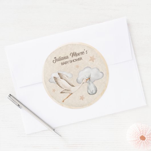 Wasserfarbe Stork Baby Dusche Runder Aufkleber (Umschlag)
