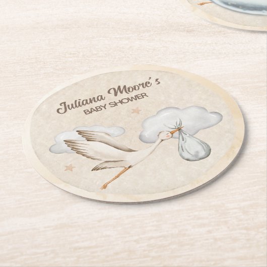 Wasserfarbe Stork Baby Dusche Runder Pappuntersetzer (Angewinkelt)