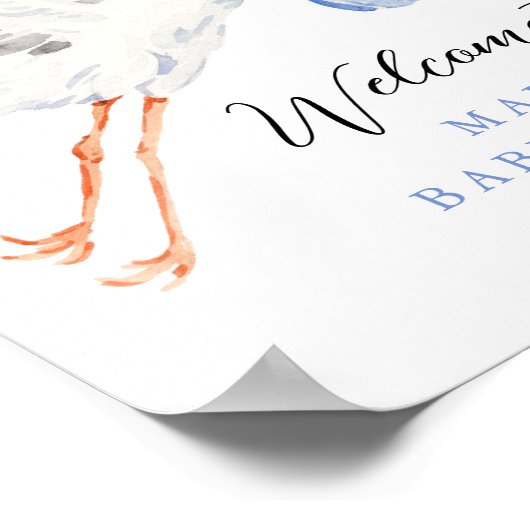 Wasserfarbe Stork Blue Boy Baby Dusche Willkommen Poster (Ecke)