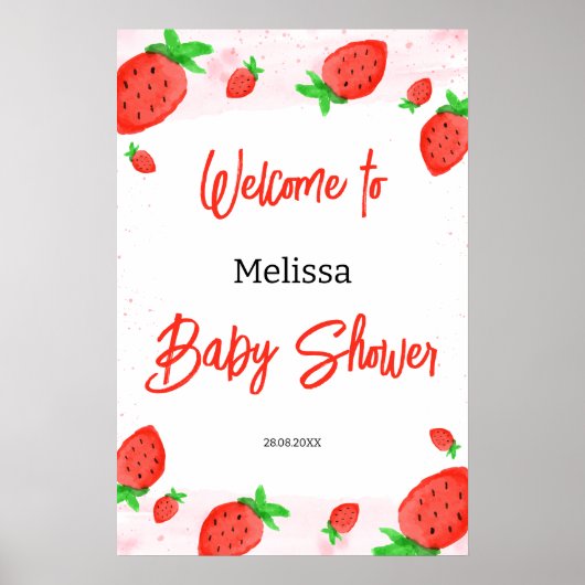 Wasserfarbe Strawberry Girl Babydusche Willkommen Poster (Vorne)