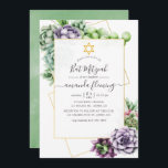 Wasserfarbe Sukkulente geometrische Bat Mitzvah Einladung<br><div class="desc">Trendy Sukkulenten schlagen Mitzvah Einladung mit goldenem geometrischem Rahmen und eleganter Handschrift Typografie.</div>